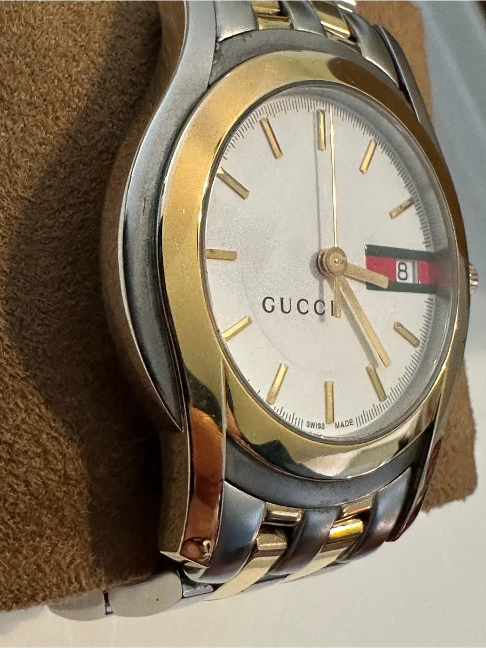 Vintage Gucci 5500M Two Tone Web Stripe Date Swiss Watch New Battery
